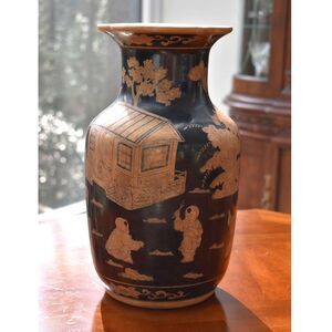Vintage Chinoiserie Vase - Black Orange Figural Pagoda Baluster - 14" Tall